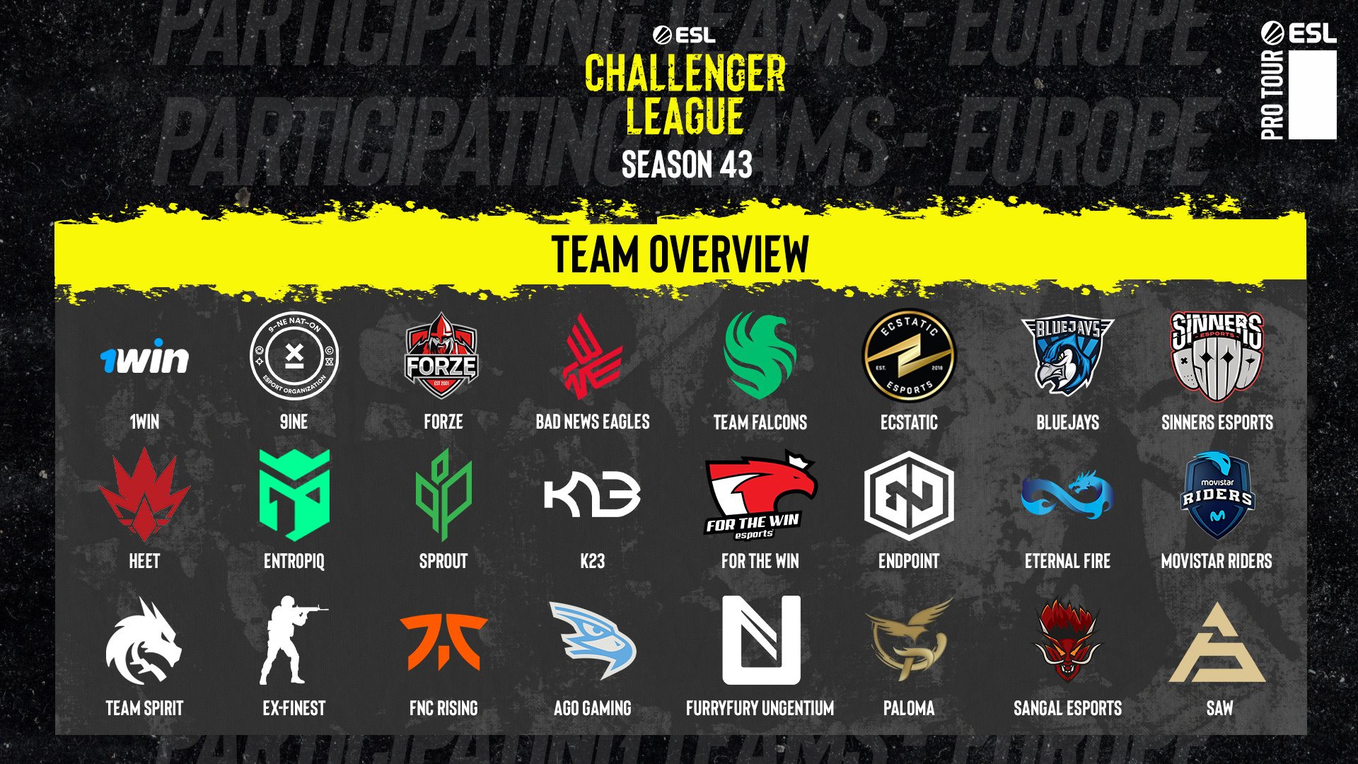 Alinhamento Da ESL Challenger League S43 Anunciado